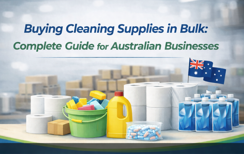 Bulk cleaning supplies for Australian businesses including paper towels, cleaning chemicals, sponges and janitorial supplies in warehouse setting