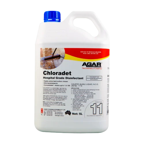 Chloradet-5L Agar Chloradet chlorinated cleaner and sanitiser for commercial kitchens food processing facilities supplied by Nova Cleaning Supplies Melbourne Australia