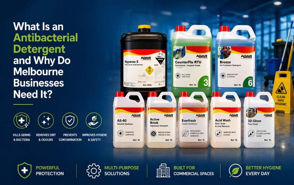 Antibacterial detergent products for commercial cleaning showing disinfectants, sanitisers, and industrial cleaning chemicals used to improve hygiene in Melbourne businesses