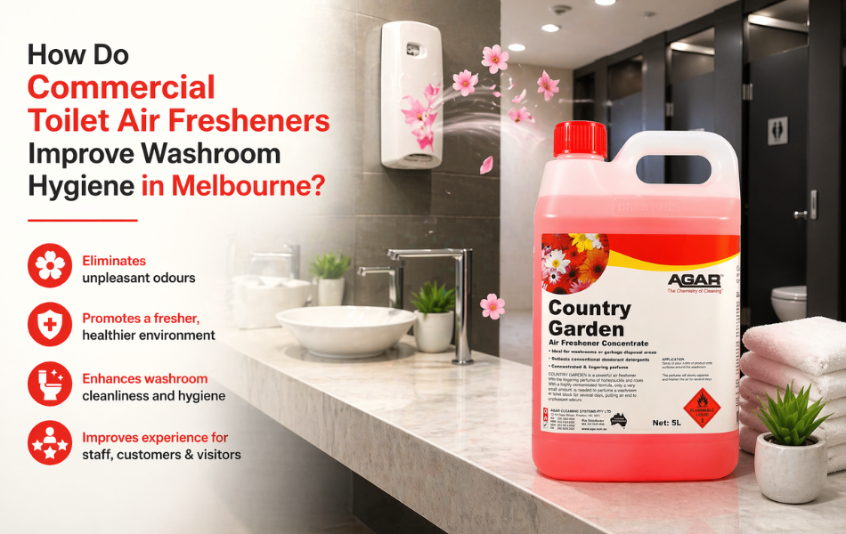 Commercial toilet air freshener improving washroom hygiene in Melbourne with Country Garden air freshener concentrate reducing odours and enhancing cleanliness
