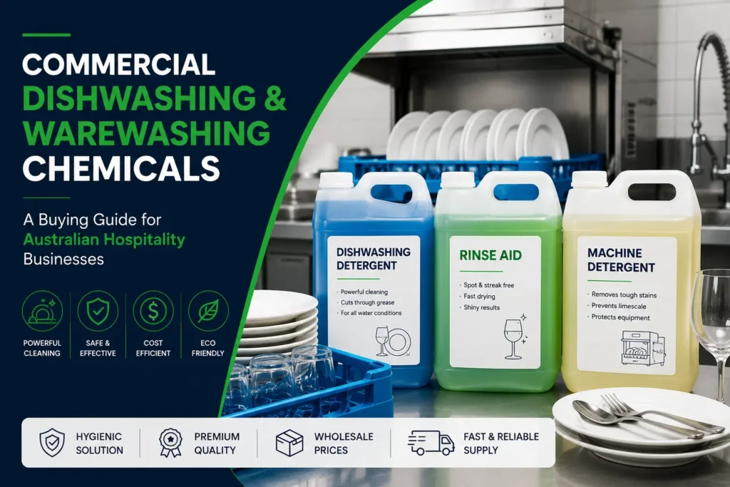 Commercial dishwashing and warewashing chemicals for Australian hospitality businesses featuring dishwashing detergent, rinse aid, machine detergent, commercial dishwasher products, plates, glassware, and professional kitchen cleaning solutions.