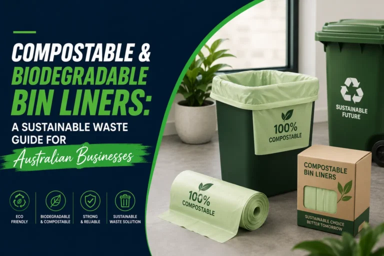 Compostable and biodegradable bin liners for Australian businesses, featuring eco-friendly commercial waste bags, sustainable rubbish bin liners, and recyclable waste management solutions for offices, hospitality, healthcare, and commercial facilities