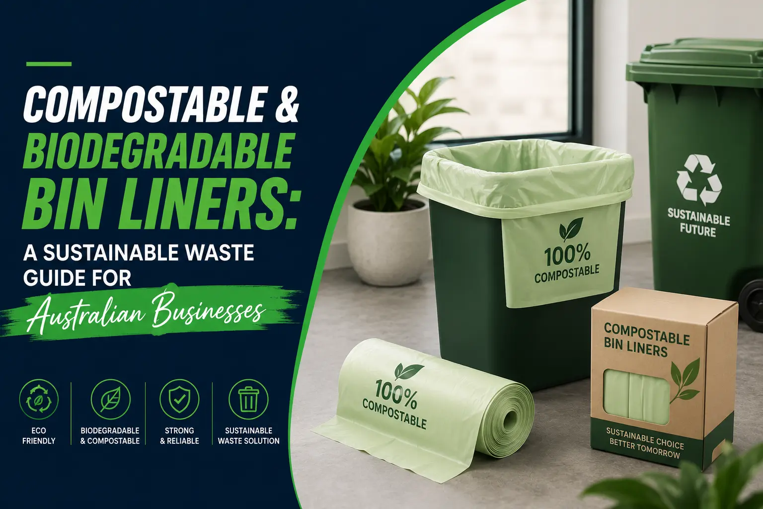 Compostable and biodegradable bin liners for Australian businesses, featuring eco-friendly commercial waste bags, sustainable rubbish bin liners, and recyclable waste management solutions for offices, hospitality, healthcare, and commercial facilities