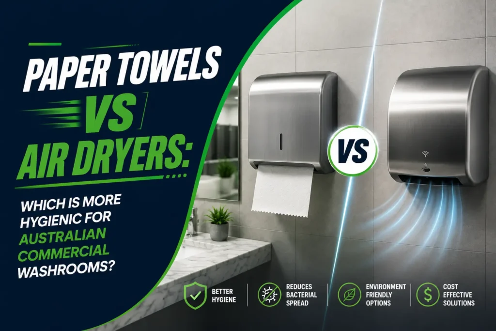 Paper Towels vs Air Dryers in Australian commercial washrooms, comparing hygiene, bacterial spread, sustainability, and cost-effective hand drying solutions for businesses