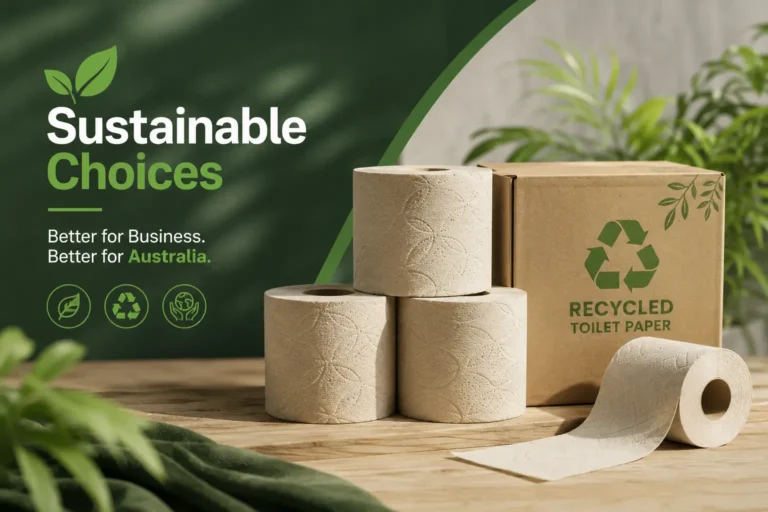 Eco-friendly recycled toilet paper rolls for Australian businesses, sustainable bulk toilet paper supply for commercial offices, hospitality, healthcare, and industrial workplaces