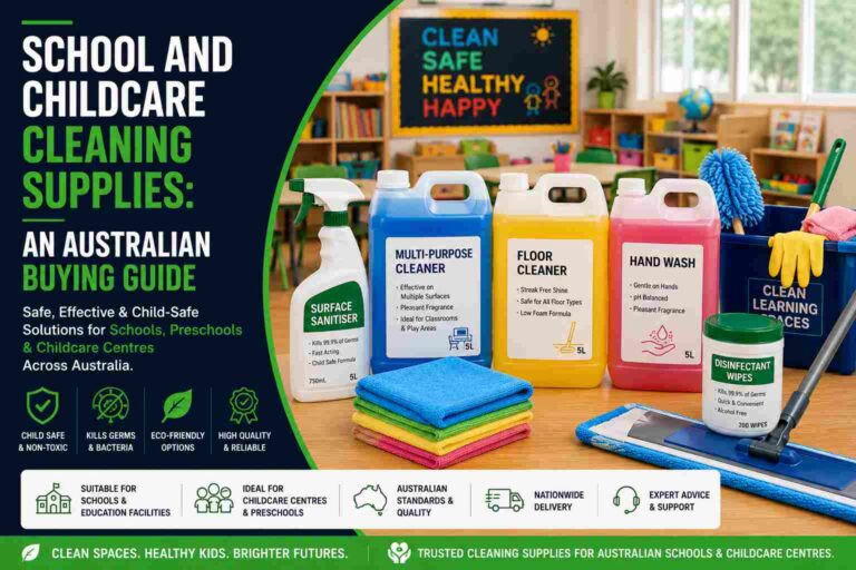 Commercial cleaning supplies for Australian schools and childcare centres, including surface sanitiser, multi-purpose cleaner, floor cleaner, hand wash, disinfectant wipes, microfibre cloths and mopping equipment.