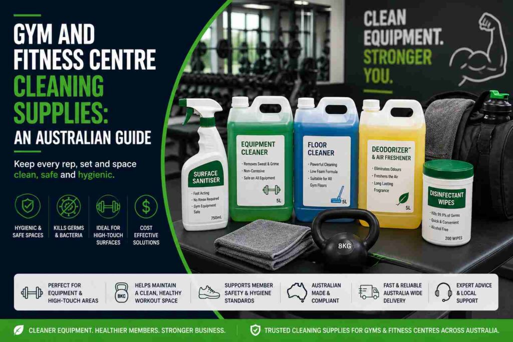 Gym and fitness centre cleaning supplies for Australian facilities, featuring surface sanitiser, equipment cleaner, floor cleaner, deodoriser, disinfectant wipes and cleaning cloths in a commercial gym.