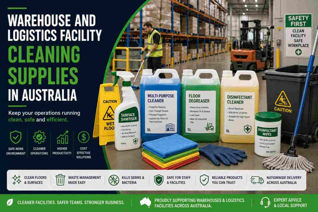 Warehouse and logistics facility cleaning supplies in Australia, featuring floor degreaser, multi-purpose cleaner, disinfectant, surface sanitiser, disinfectant wipes, microfibre cloths and mopping equipment in a commercial warehouse.