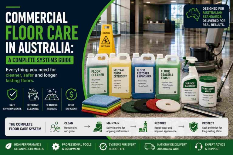Commercial floor care system for Australian facilities, featuring floor cleaner, neutral detergent, floor restorer, sealer and finish, floor pads, microfibre cloths and professional floor-cleaning equipment.