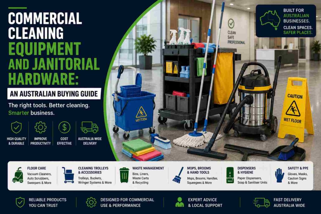 Commercial cleaning equipment and janitorial hardware for Australian businesses, featuring a cleaning trolley, vacuum cleaner, mop, bucket, broom, dustpan, caution sign and professional cleaning accessories.