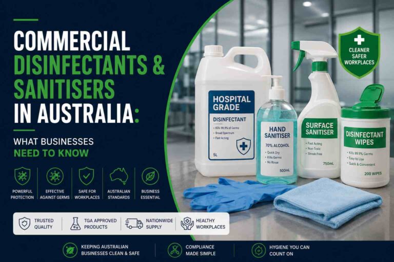 Commercial disinfectants and sanitisers for Australian businesses, featuring professional cleaning and hygiene products in a workplace setting.