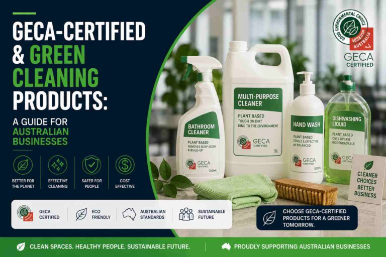 GECA-certified green cleaning products for Australian businesses, featuring eco-friendly commercial cleaners, sustainable cleaning supplies and reusable cleaning tools.