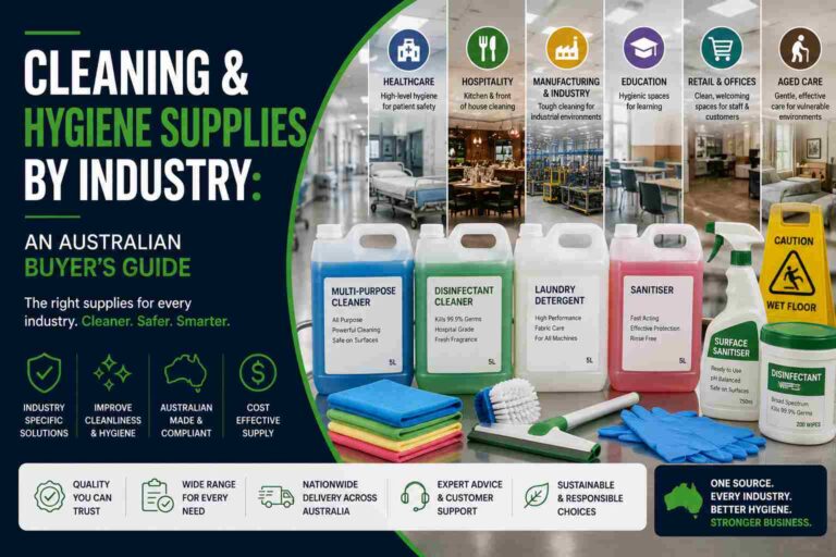 Cleaning and hygiene supplies for Australian industries including healthcare, hospitality, manufacturing, education, retail, offices and aged care.
