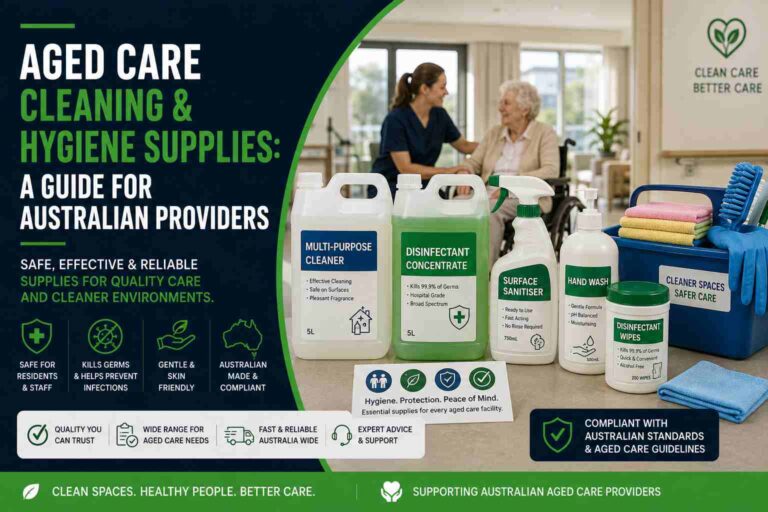 Aged care cleaning and hygiene supplies for Australian providers, featuring disinfectant, surface sanitiser, hand wash and professional cleaning equipment in an aged care facility.